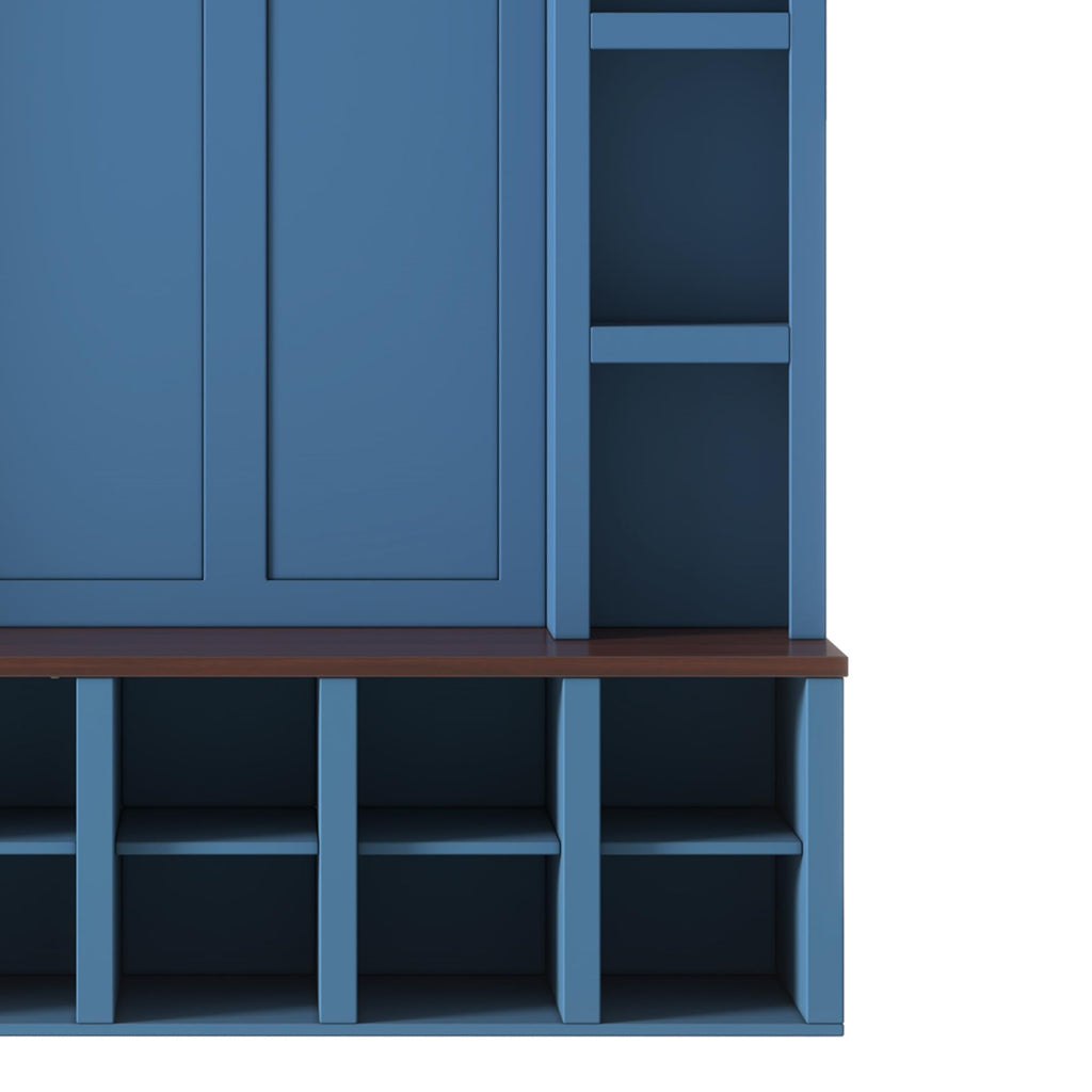 Hall Tree with Bench & Shoe Storage, Farmhouse Wood Coat Rack, Blue