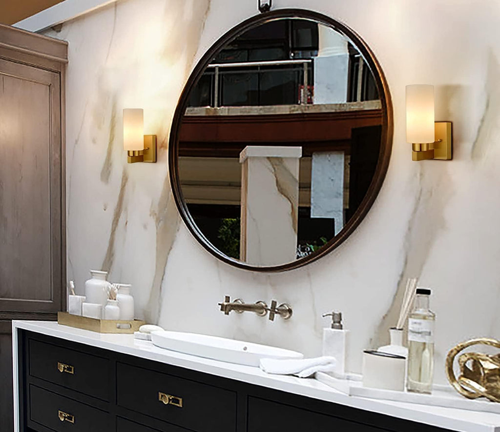 Modern Gold Wall Sconce Dimmable Bathroom Vanity Light with Milky White Cylinder Glass Shade Set of 2