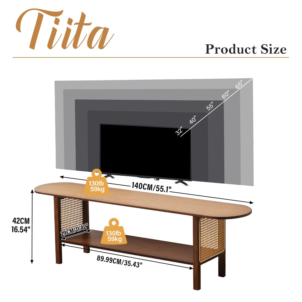 Walnut TV Stand for 65-Inch TVs, 2 Open Shelves, Rattan Media Console