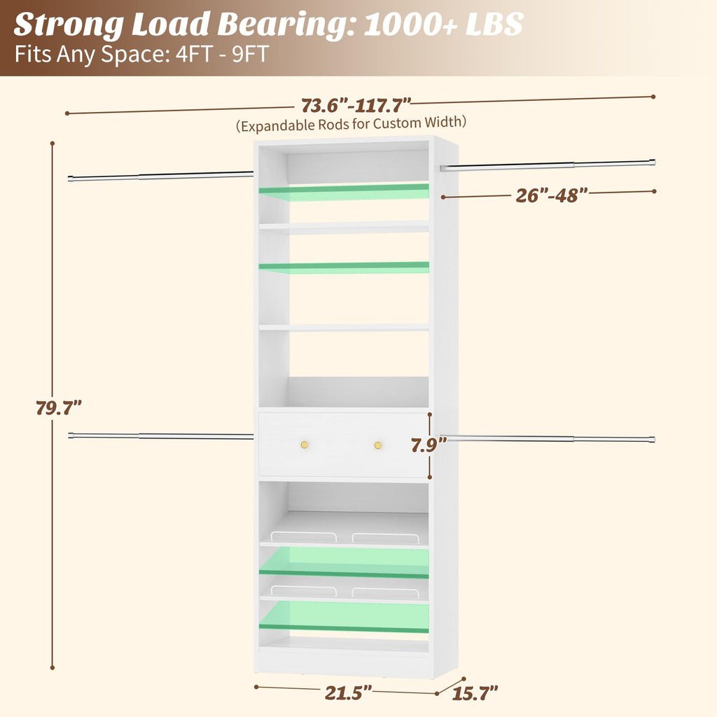Wood Closet Organizer System - 4FT-9FT Expandable Wardrobe Closet with Drawer & 4 Hanging Rods, Heavy Duty Walk-in