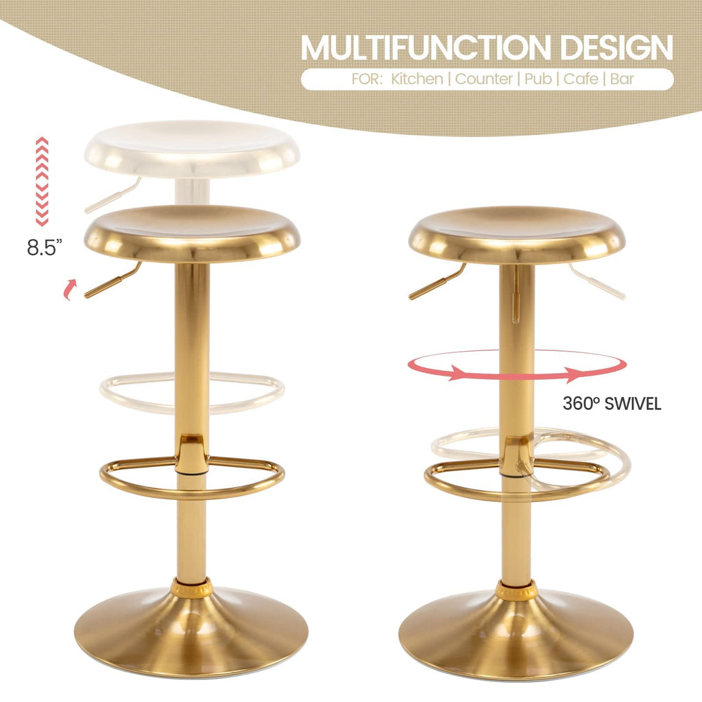 Adjustable Bar Stool, Swivel Round Metal Airlift Backless, 1 pc Gold