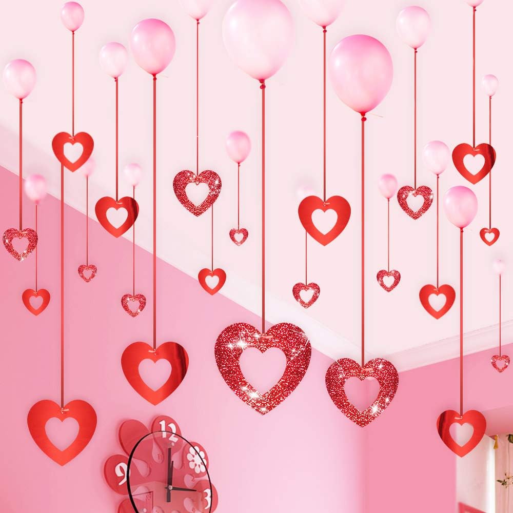 Valentine's Day Glitter Heart Swirl Hanging Decoration - Bridal Shower, Engagement, Anniversary,Wedding Party - Set of 28