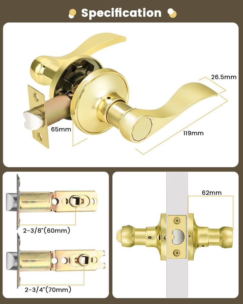 2Pack Wave-Style Closet and Hall Door Locksets Passage Levers in Polished Brass,Reversible Handles for Left Right - Door Lever