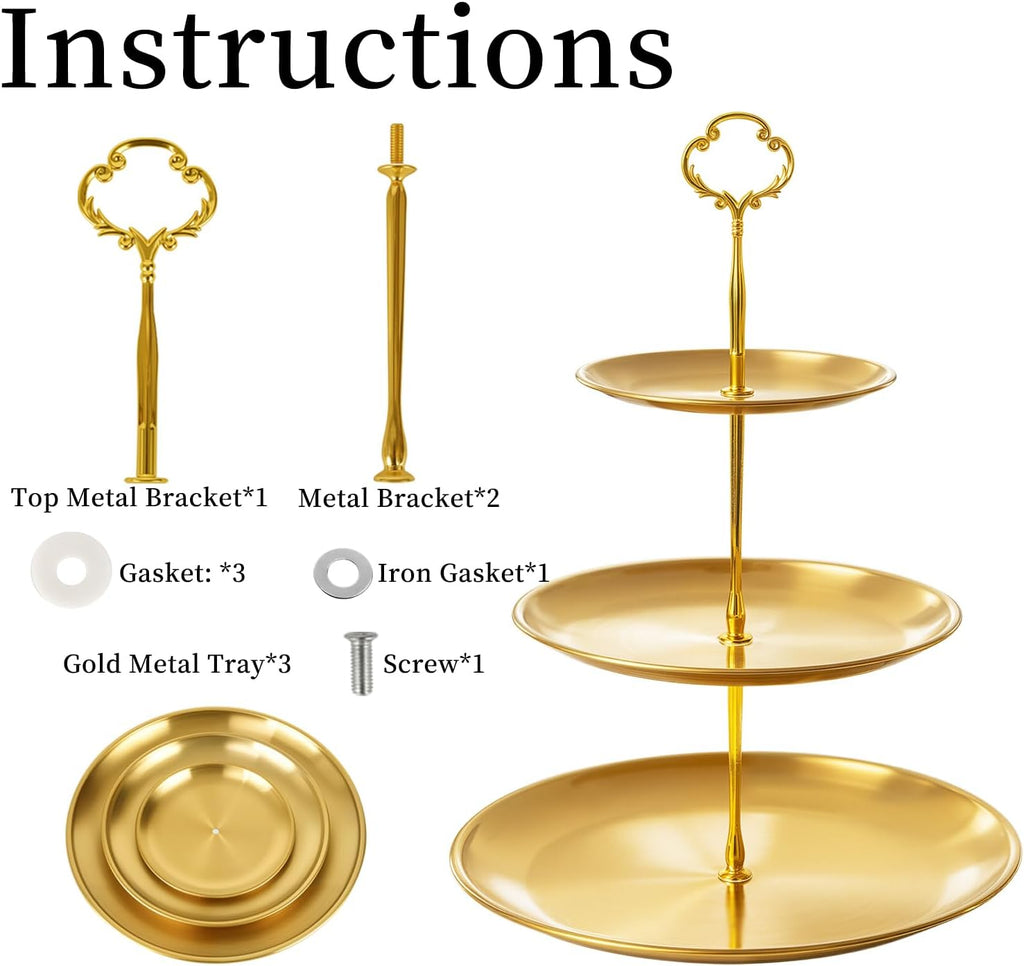 Gold cupcake stand, 3-Tier Stainless Steel, Detachable, 4 Foot Pads - Set of 3