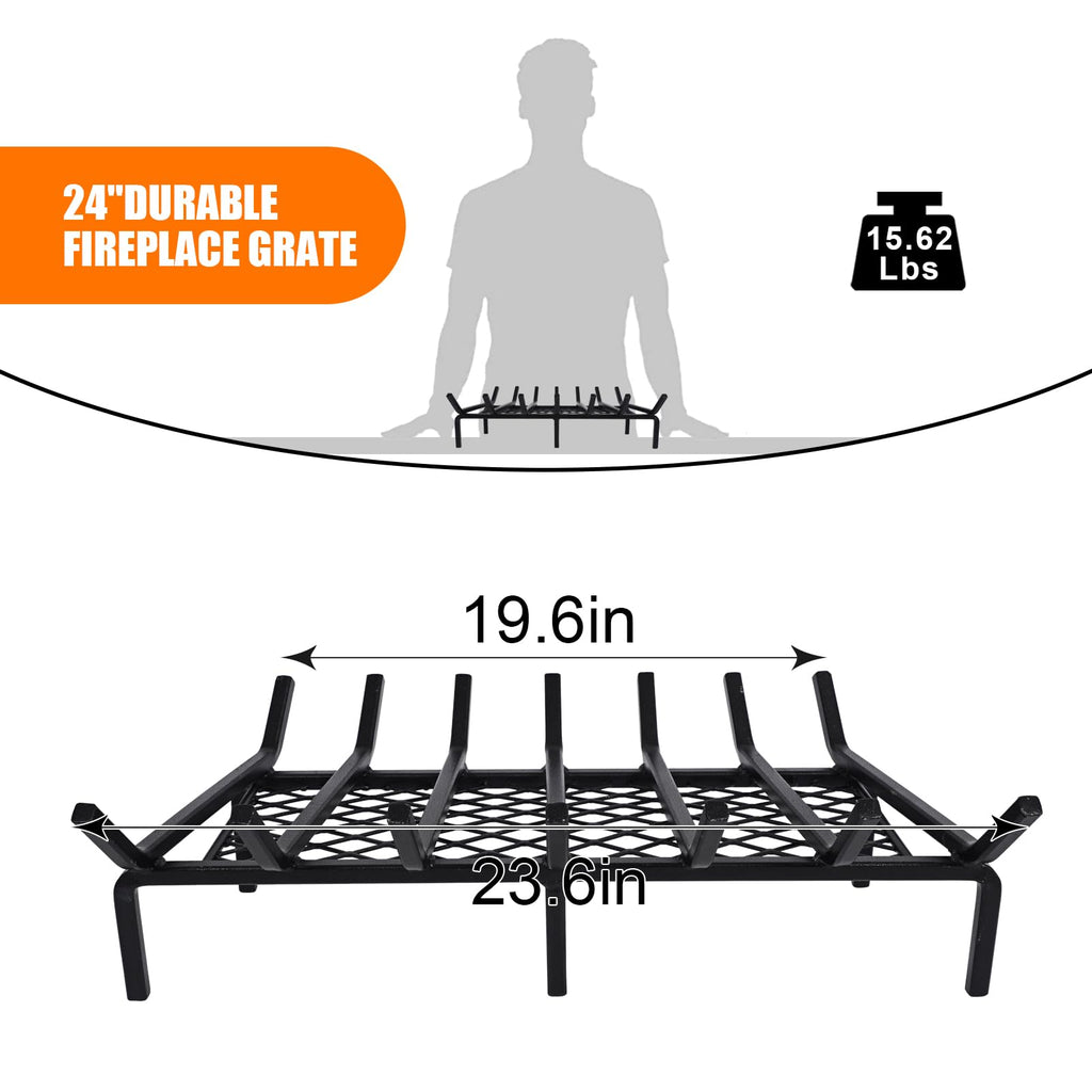 24 Inch Fireplace Grate with Ember Retainer, Cast Iron Fireplace Log Grate, Fireplace Log Holder, Heavy Duty Solid Steel