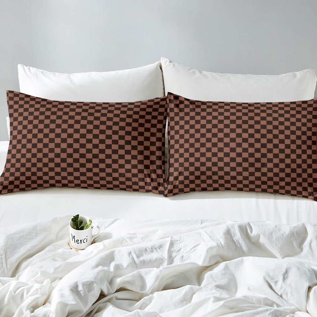 Chocolate Checkerboard Fitted Sheet Set with 2 Pillowcase, Brown Squares Buffalo Checkered Grids Microfiber Mattress