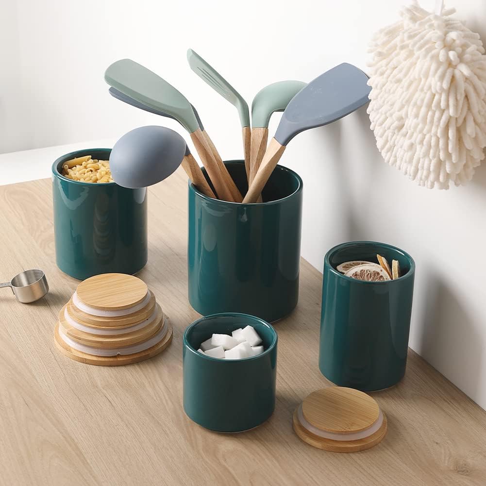 Kitchen Canisters Ceramic Food Storage Jar Set, Stackable Containers with Airtight Seal Wooden Lid for Serving Ground - Set of 4