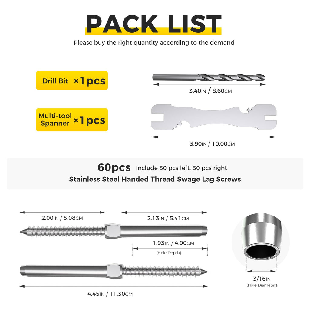 60 Pack 3/16" Stainless Steel Cable Railing kit for Wood Post