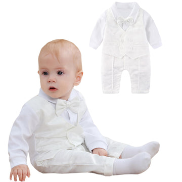 Baby Boy Baptism Outfit Long Sleeve Romper White