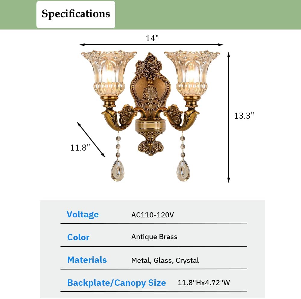 Vintage Glass Wall Sconce, Elegant Brass Wall Light, Crystal Floral Bedside Wall Lamp, Wall Mounted Lamp for