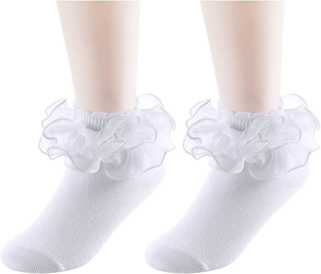 Big Girls Lace Socks Shimmering Cute Ruffle Comfortable Frilly Dress Ankle Socks 3 Pairs