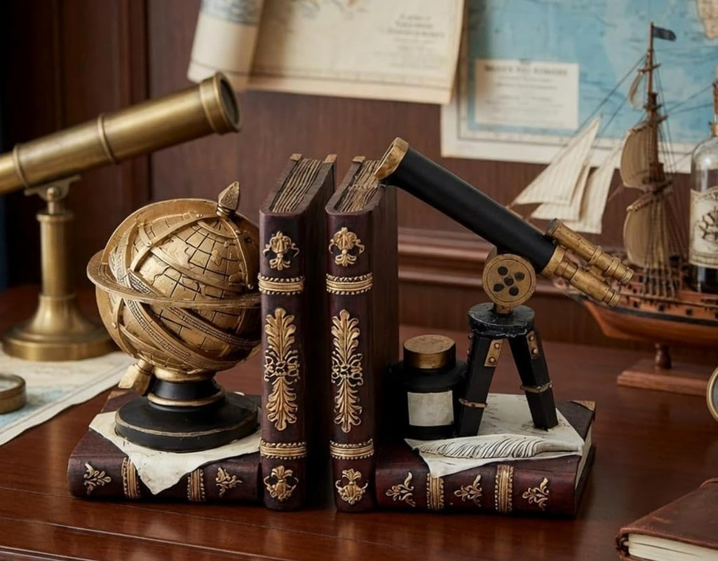 Galileo Bookends, Telescope, Globe, Armillary Sphere, Astronomy - Set of 2