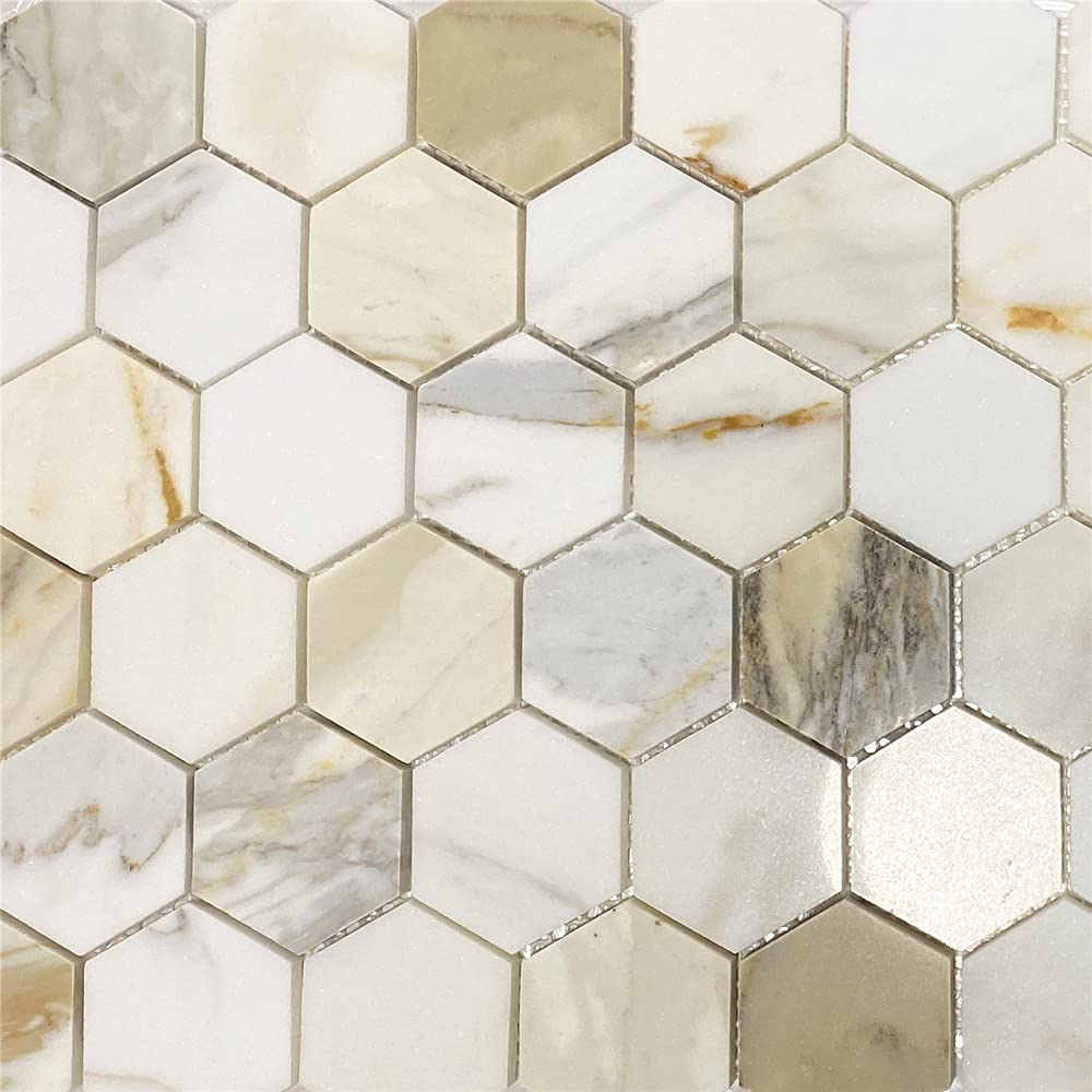 Calacatta Gold Marble 2 inch Hexagon Mosaic Tile Polished Kitchen Bath Wall Floor Backsplash Shower (1 Sheet)