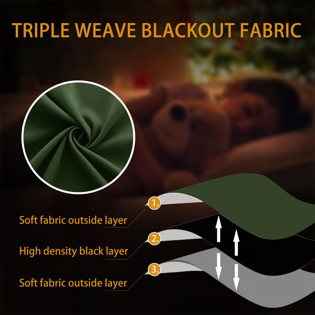 Forest Green Blackout Curtains, 52 x 90 Inches Long, Grommet Thermal Insulated Room Darkening Window Drapes, Olive