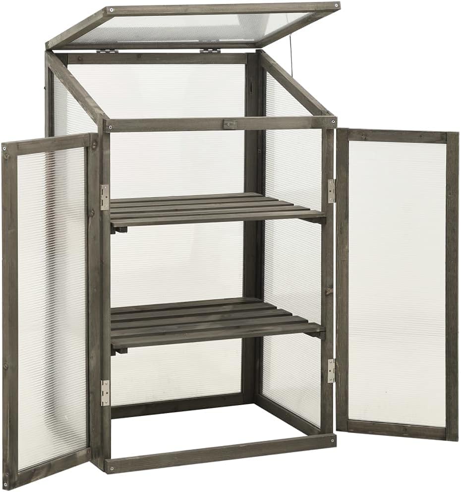Wooden Greenhouse for Outdoor Gardening, Grey Firwood Cold Frame with Polycarbonate Panels and Adjustable Shelves