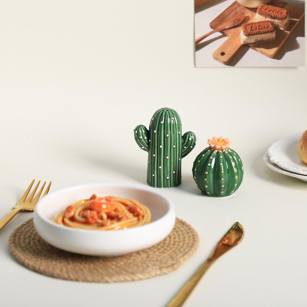 Ceramic Cactus Shape Salt & Pepper Shakers Set, Hand-Painted Cactus Salt and Pepper Shakers, Set - Set of 2