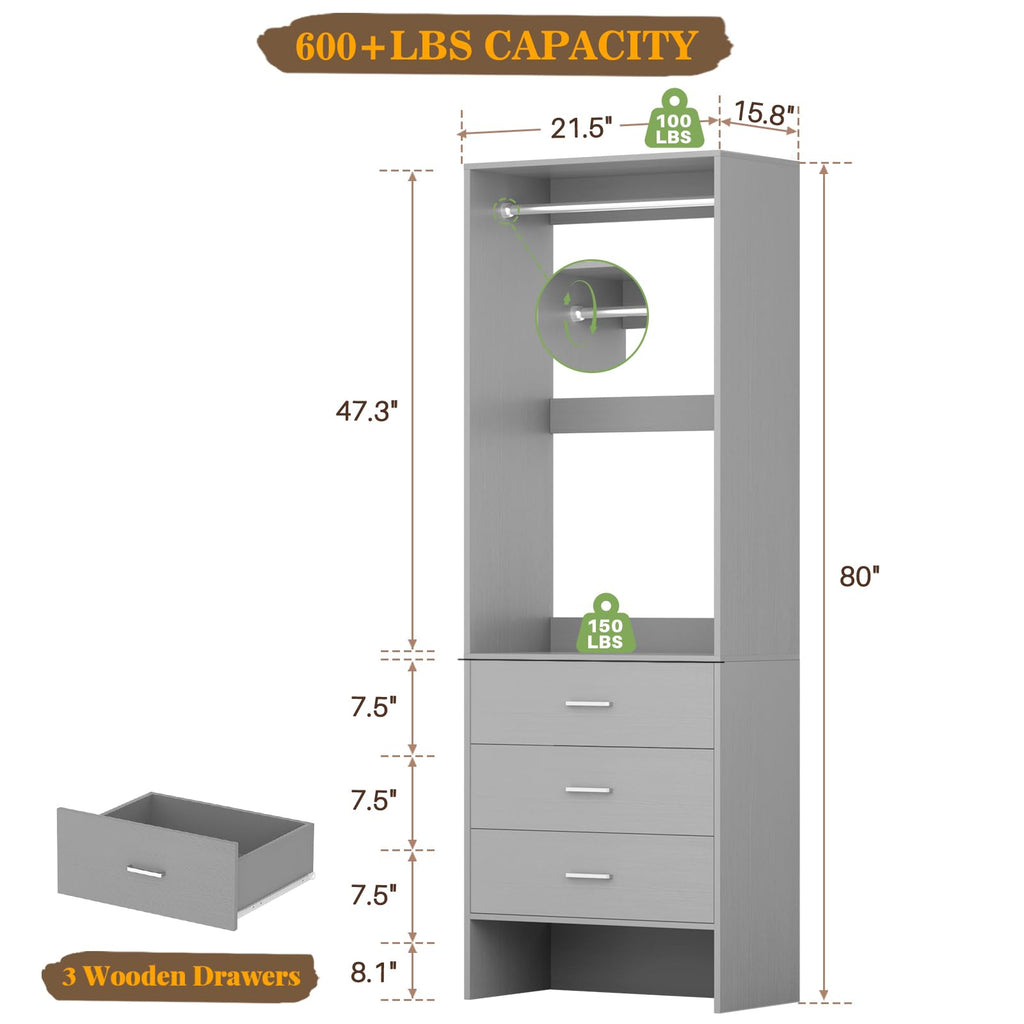 1.8FT Closet System with Drawers, 21.5'' Closet Organizer, Grey
