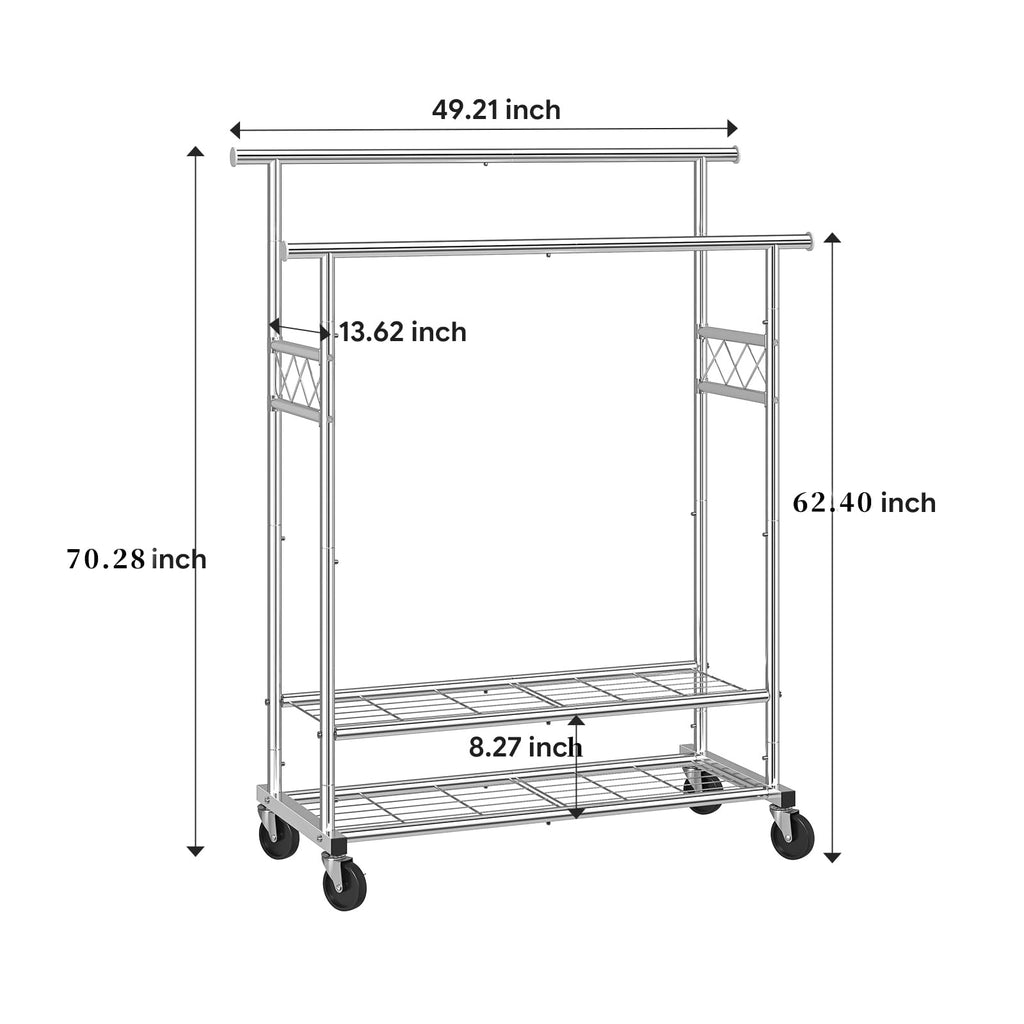 Heavy Duty Clothes Rack, Rolling Clothing Rack for Hanging Clothes Load 650 LBS with 2 Sturdy Shelves, Garment Rack