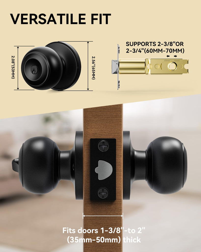 6 Pack Door Knob with Lock, Keyed Same Entry Door Knobs, Interior and Exterior Round Ball Door Lock for Front Bedroom