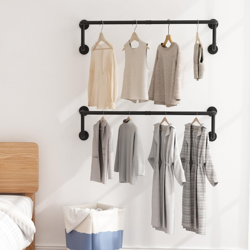 Industrial Pipe Clothes Racks 2 Pack, Black Pipe Wall Mounted Clothing Racks for Hanging Clothes, Space Saving Closet
