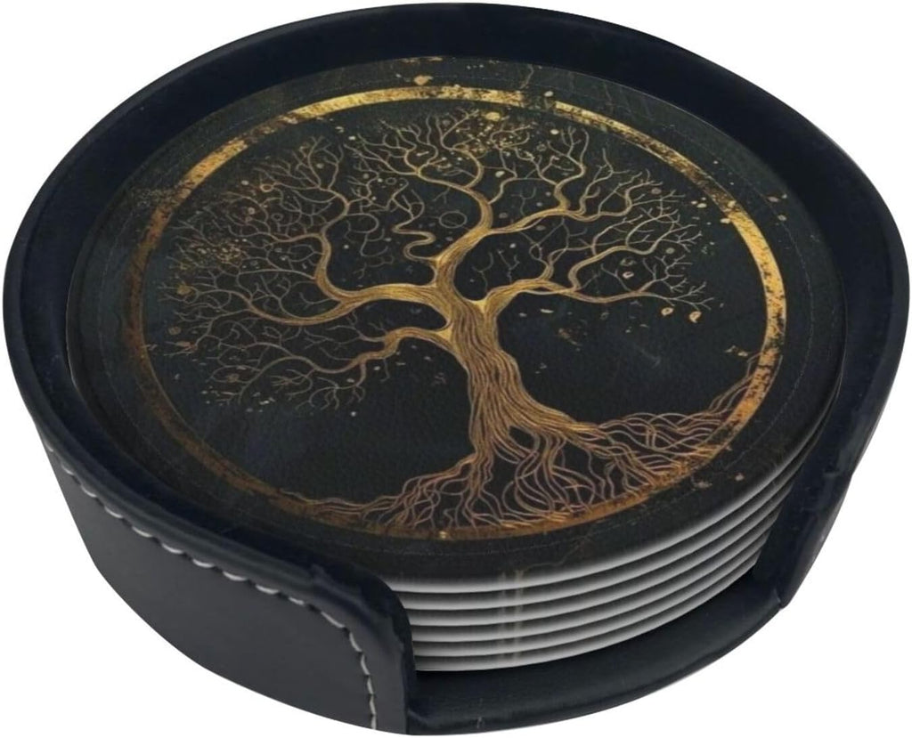 Drink Coasters with Holder Stand, Marble Gold Tree of Life Pu Leather Absorbent Coasters with Cork Base - Set of 6