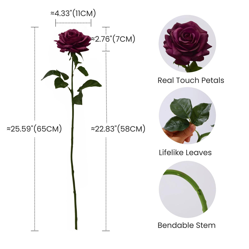 Real Touch Plum Burgundy Artificial Roses, 5 Pcs Faux Silk