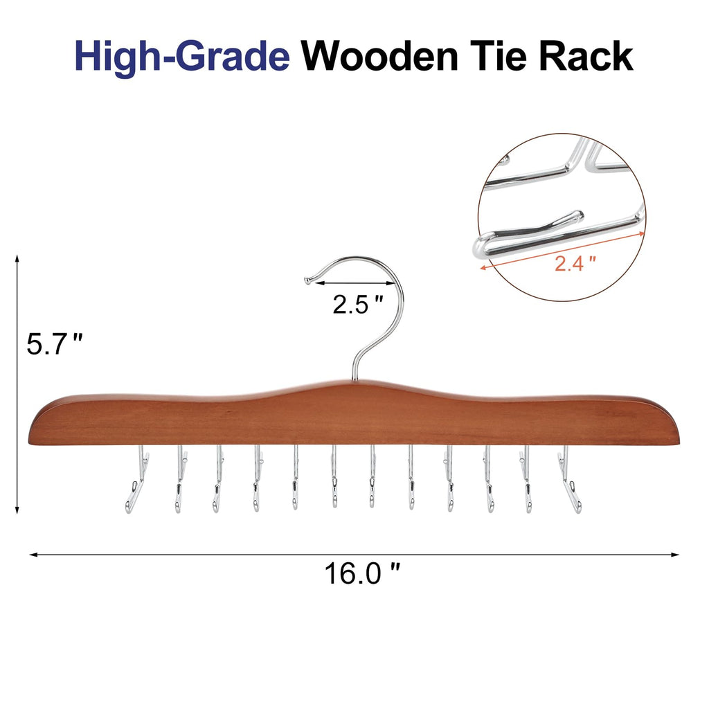 Tie Rack Hanger for Closet 2 Packs, Wooden Tie Organizer for Men with 24 Folding Hooks, Space Saving Necktie Holder