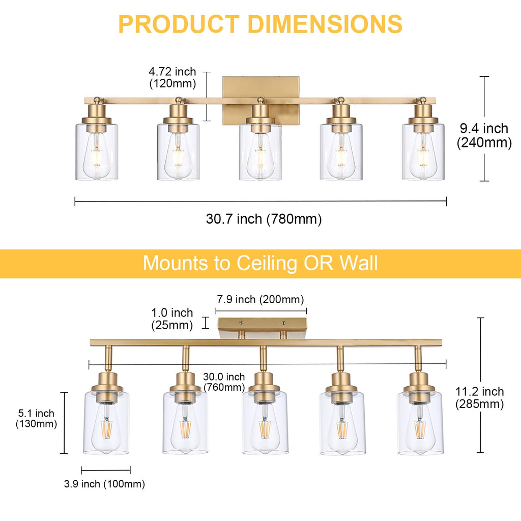 Multi-Directional Rotating Kitchen Tracking Lights Gold, Modern Track Lighting Fixture with Clear Glass