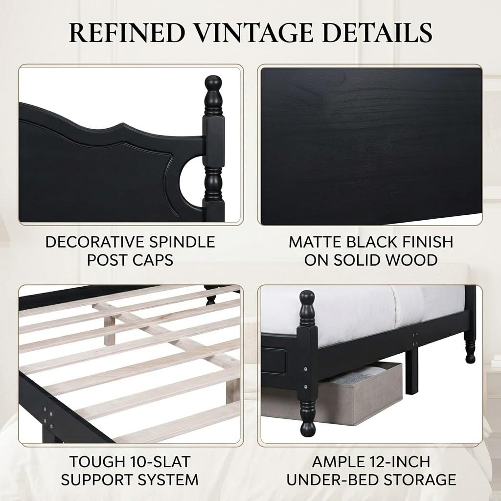 Vintage Wooden Platform Bed Frame with Spindle Headboard (Black)