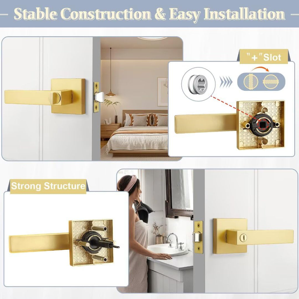 3 Pack Gold Privacy Door Handles Interior, Square Brushed Gold Door Handles , Reversible Door Lock Without Key