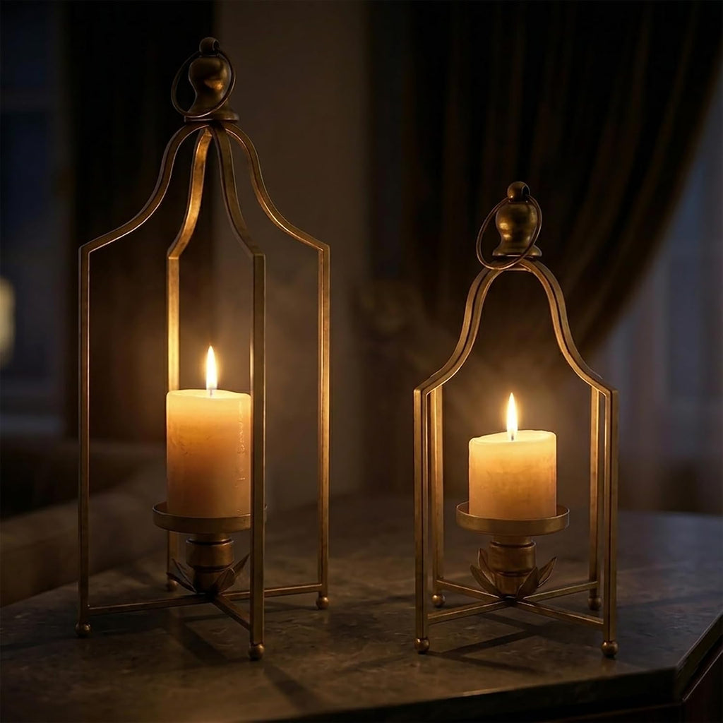12.5" & 16.5" Timeless Cozy Decorative Lanterns Set of 2, Handcrafted Metal Iron Candle Holders, Farmhouse Elegance