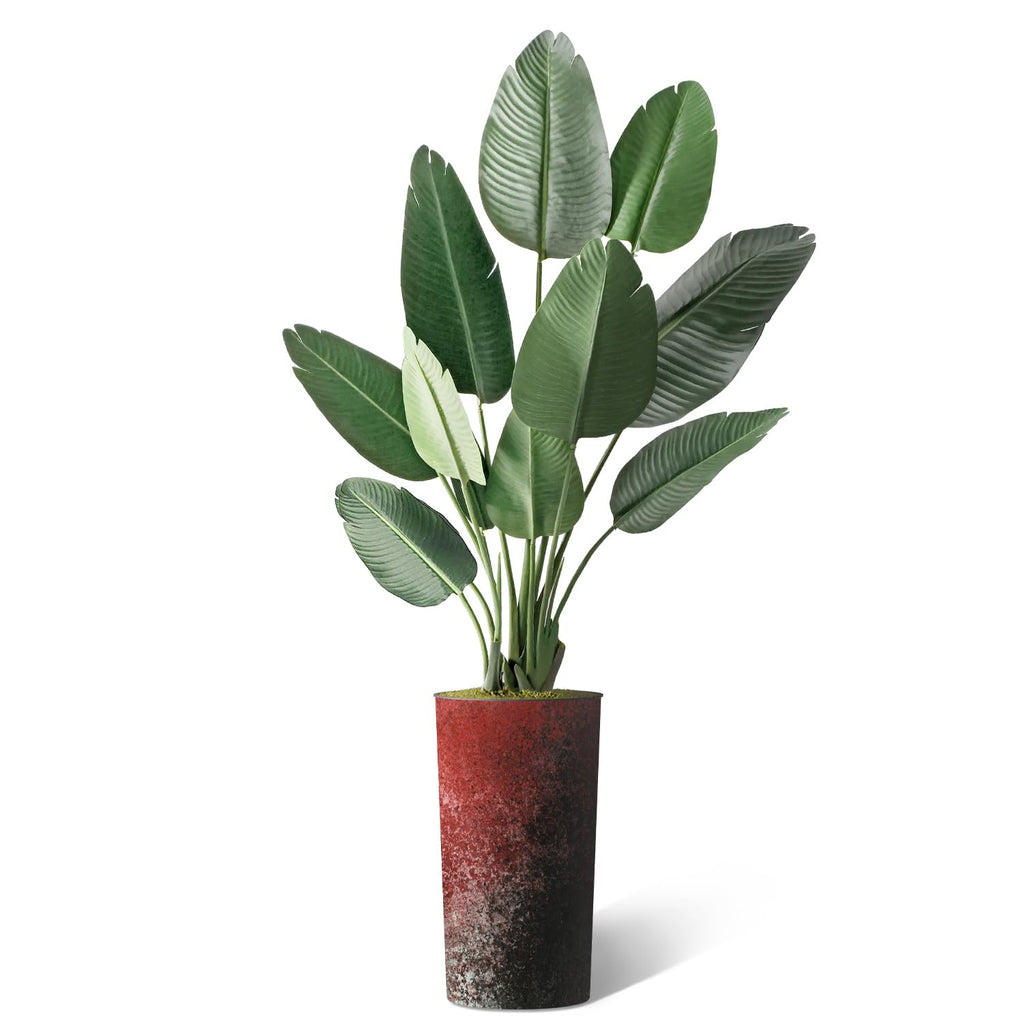 Artificial Tree in Modern Red & Black Paint Splatter Planter, Fake Bird of Paradise Silk Trees for Indoor and Outdoor