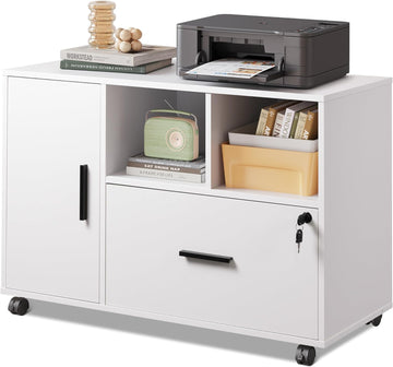 Office File Cabinet with Lock, 1-Drawer Wood Lateral Filing Cabinet on Wheels, Printer Stand with Open Storage