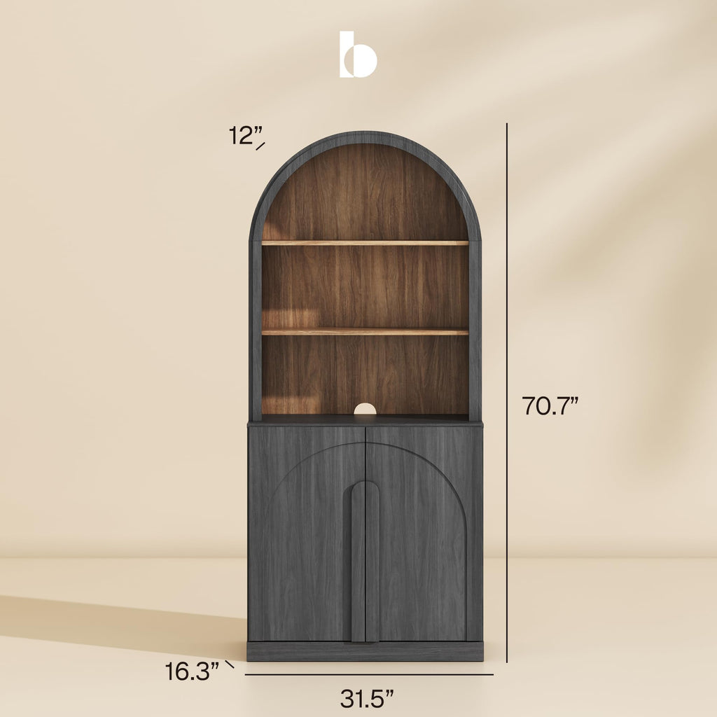 Arched Bookshelf with Storage Set of 2, 71" Tall Wood Curio Display Cabinet with Adjustable Shelf, 5 Tier Modern