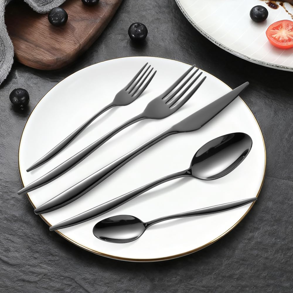 Black Silverware Set For 8, 40-Piece Everyday Flatware Set, Service For 8, Premium 18/10 Stainless Steel, Heavy Duty