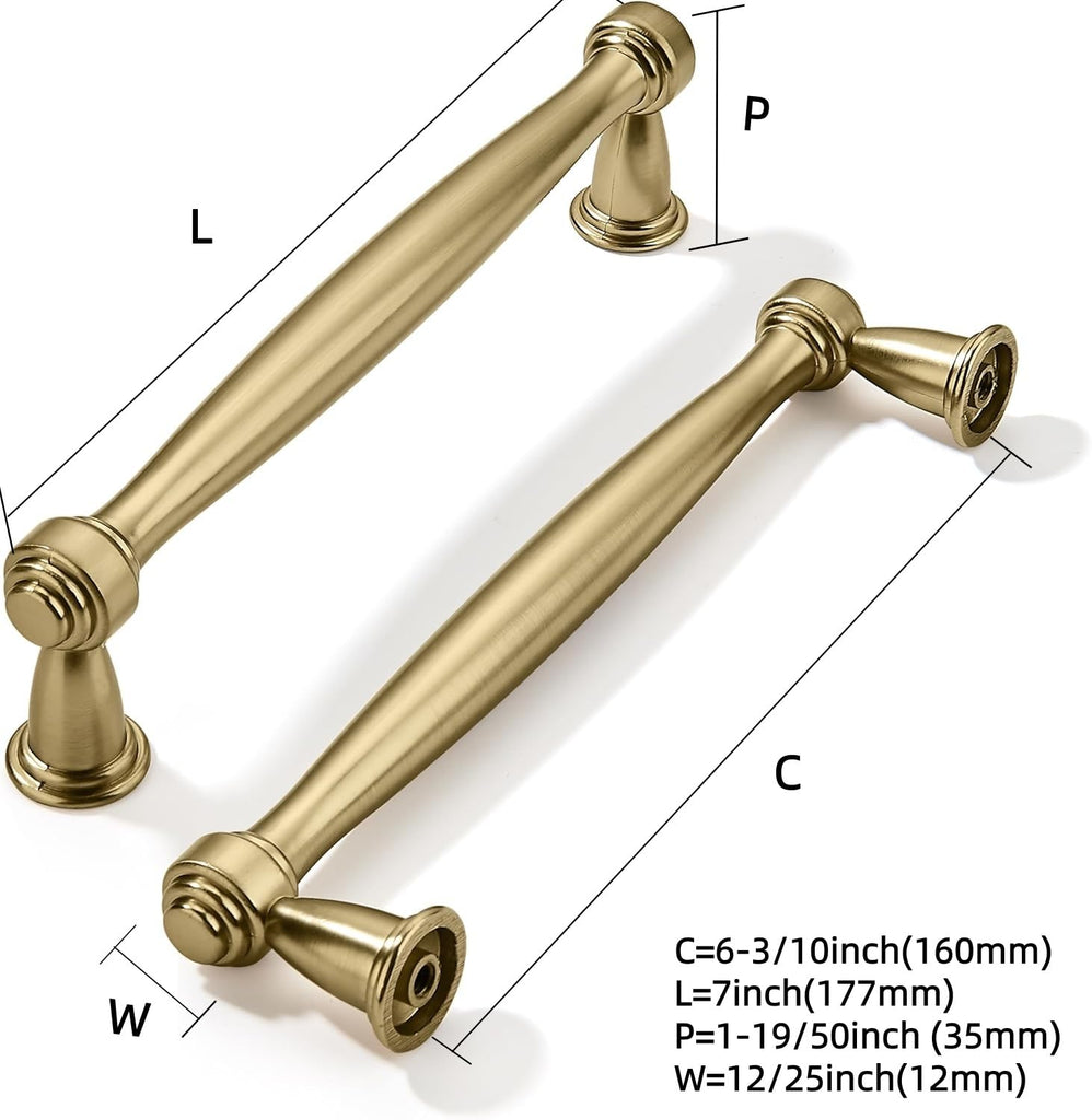 2 Pack 6-1/4 Inch(160mm) Brushed Brass Cabinet Pulls Satin Brass Kitchen Cabinet Handles Kitchen Cabinet Hardware for