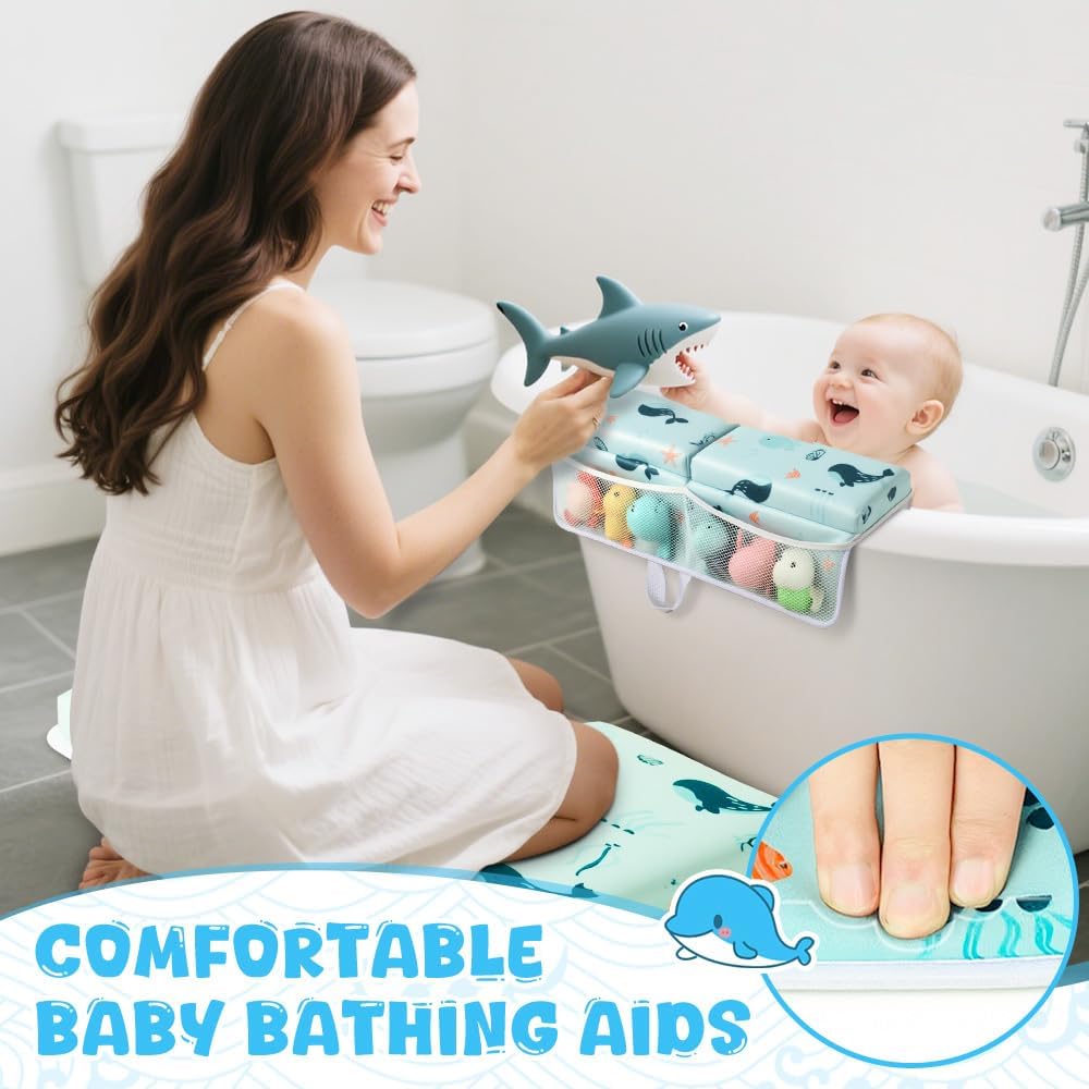 Bath Kneeler and Elbow Rest Pad Set,1.5" Thick Baby Bath Kneeler Pads with Toys Organizer, Pads to Support The Arm