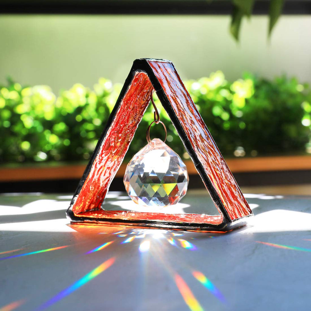 Orange Stained Glass Pyramid Suncatcher with Crystal Ball