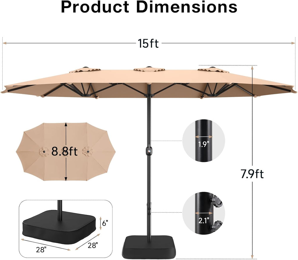 15ft Outdoor Patio Umbrella with Base Included, Extra Large Pool Umbrellas with Crank