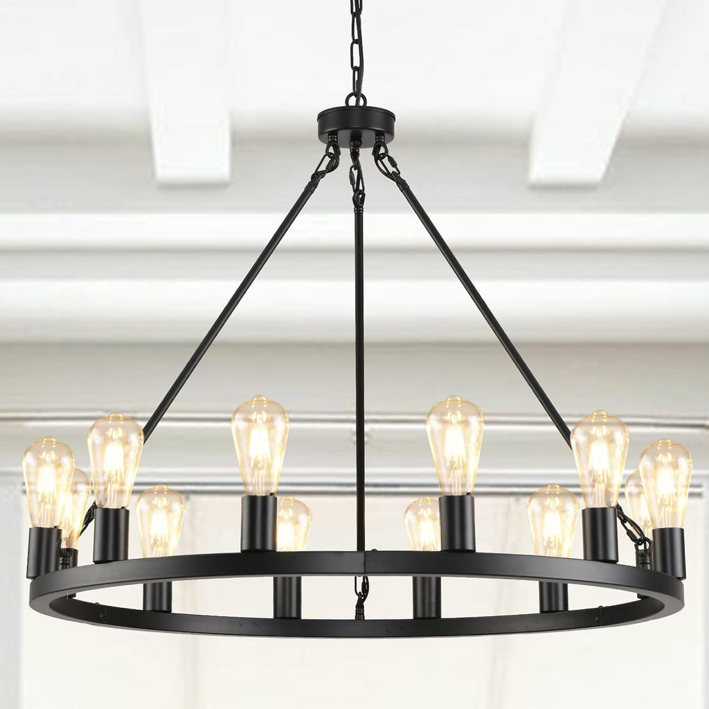 12 Lights Wagon Wheel Chandelier,31.5 inch Black Round Rustic Industrial Vintage Farmhouse Chandeliers for Outdoor