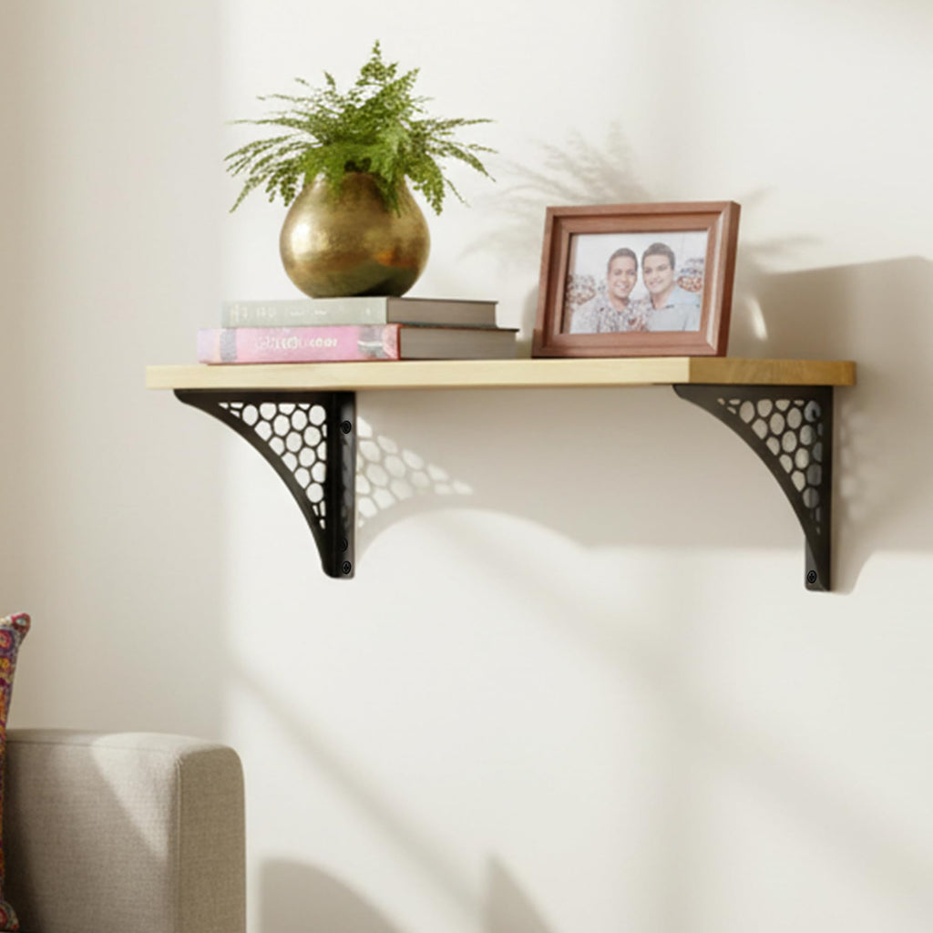 Wall Shelf with Wooden Top Black|White Iron Brackets Storage Rack|Industrial Wall-Mounted Floating Shelf (Black