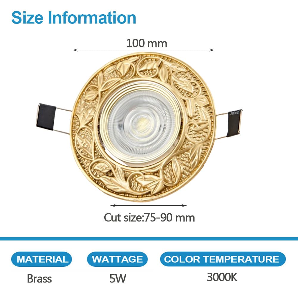 5W Vintage Brass Downlight Set of 4,Round Recessed Ceiling Light LED Recessed Lighting LED Round Ceiling Light Kit