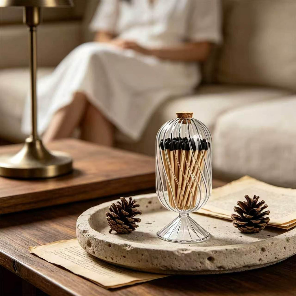 Large Glass Match Holder Decorative Match Stick Container Long Match Cloche