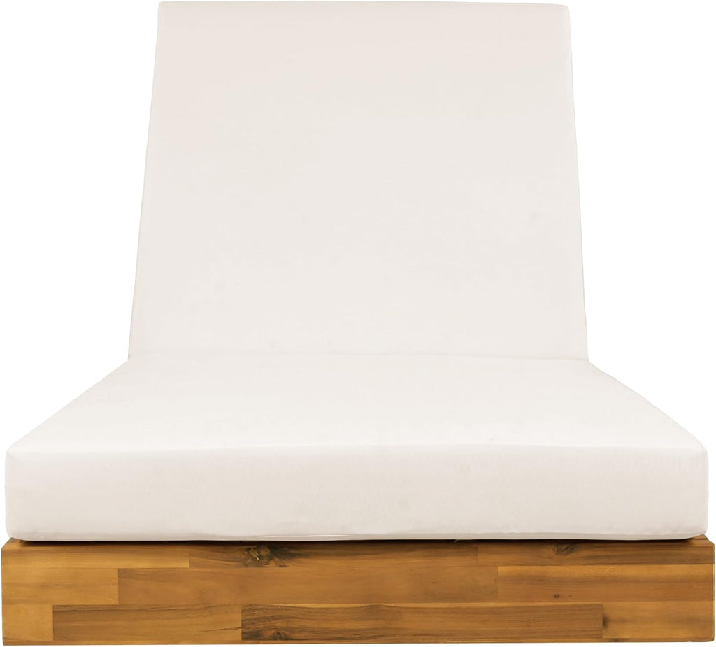 Acacia Wood Chaise Lounge with Cushion - Teak Finish Outdoor Recliner with Cream Water-Repellent Cushion, 79.6" L x 29" W, 300 lbs