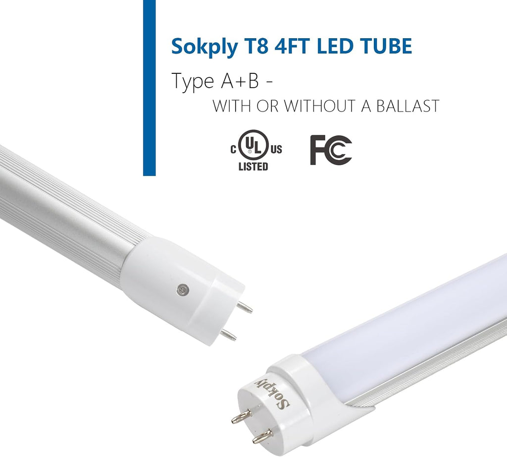 T8 T12 4FT LED Bulbs Light Tube Type A+B 18W 2250LM, F32T8/F40T12 LED Fluorescent Replacement(18W=30W), 5000K