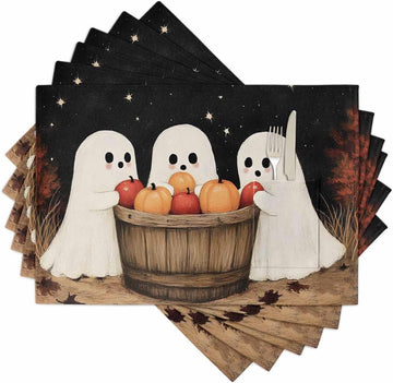 Cute Ghost Placemats Set of 6, Autumn Napkins Harvest Black Night Woven Placemat Washable Wipeable Table Placemat