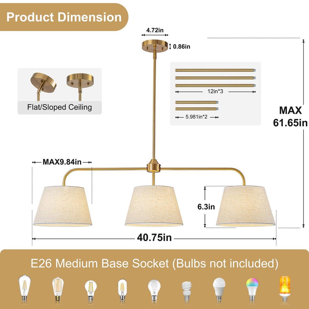 40" Brass Kitchen Island Lighting, Linear Chandeliers