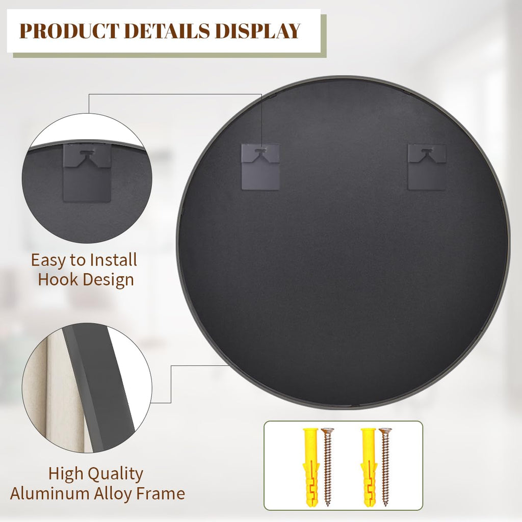 42 Inch Round Mirror, Metal Frame Circle Mirror, Black