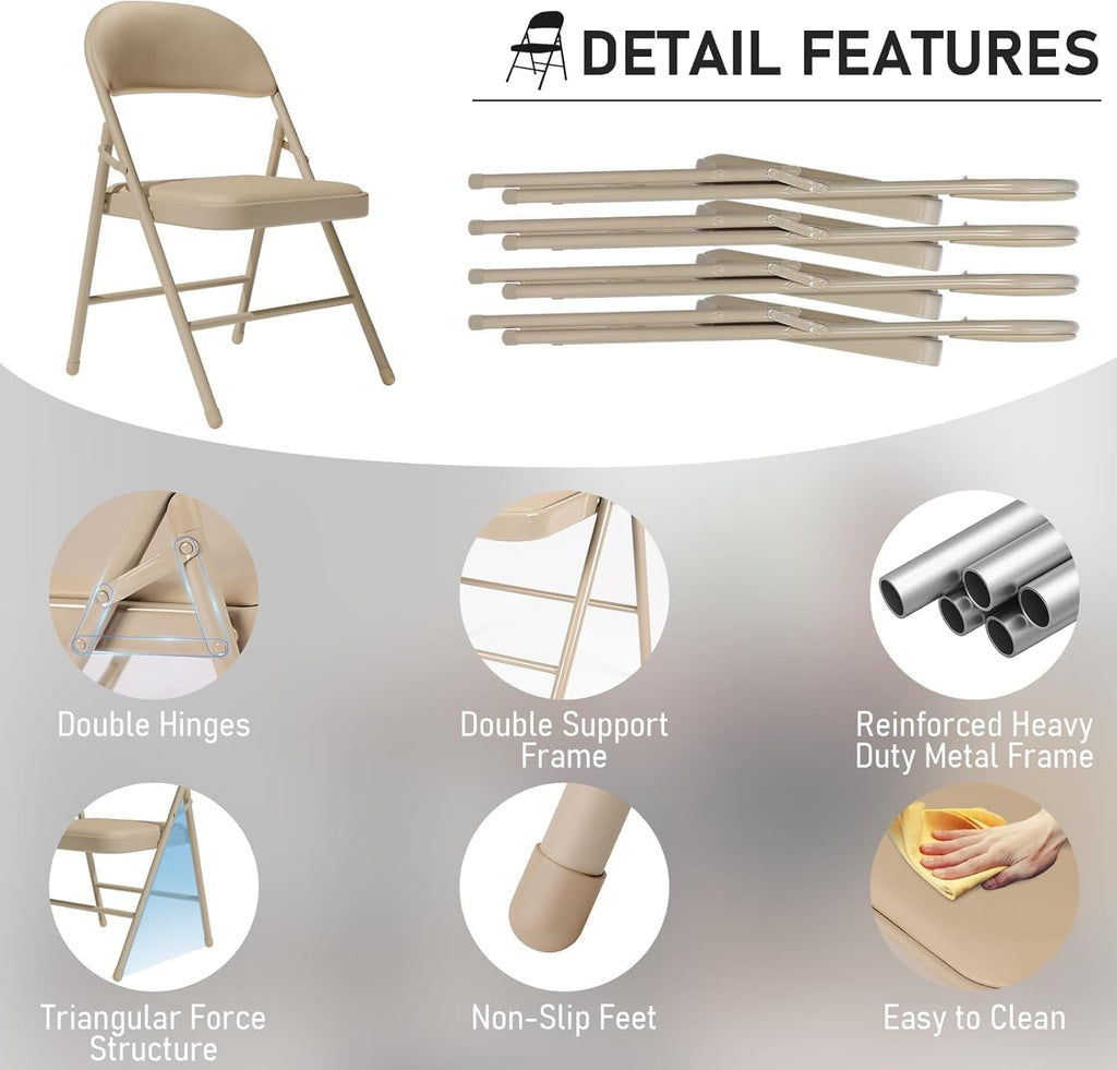 24 Pack Khaki Folding Chairs with Padded Cushion and Metal Frame, 350lbs
