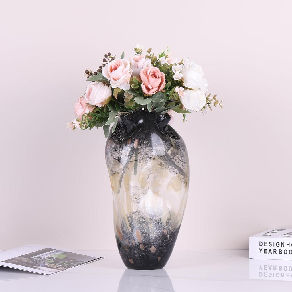 Murano Style Glass Vase, Hand Blown Decorative Art Vase with Ruffled Opening for Flowers, Shelf Tabletop Mantel